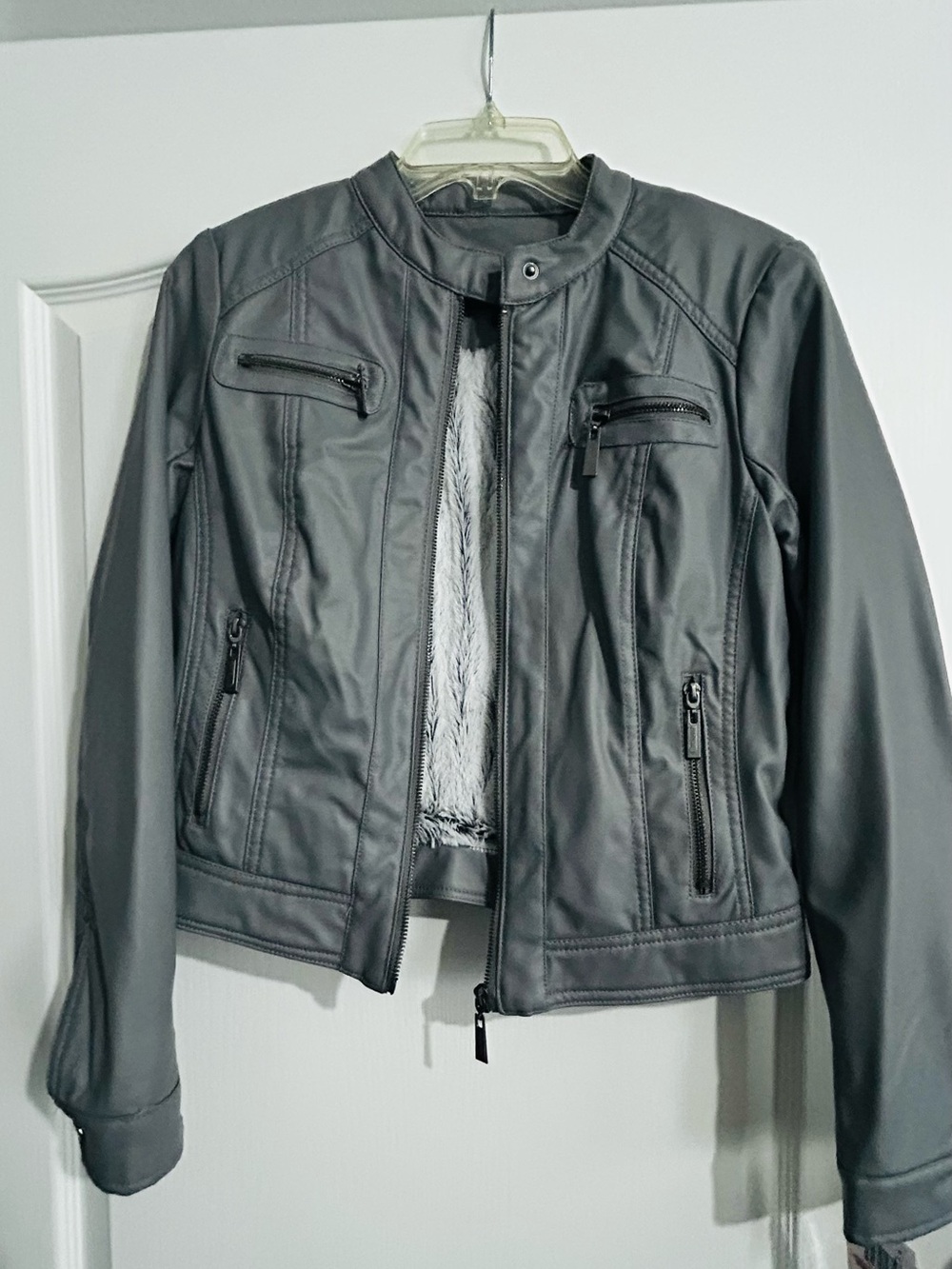 Jou Jou Gray Faux Leather Moto Jacket with Faux Fur Lining